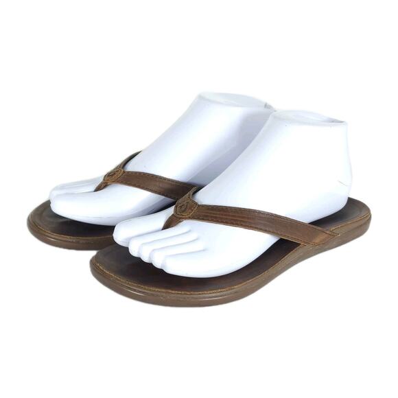 OLUKAI Women's Aukai US7 Brown Leather Slip-On Flat Flip Flops Thong Sandals - Picture 1 of 16